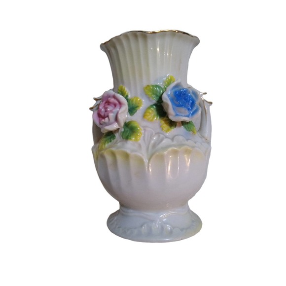 Vintage Japan floral two side handle flower vase gold trim - Picture 11 of 12